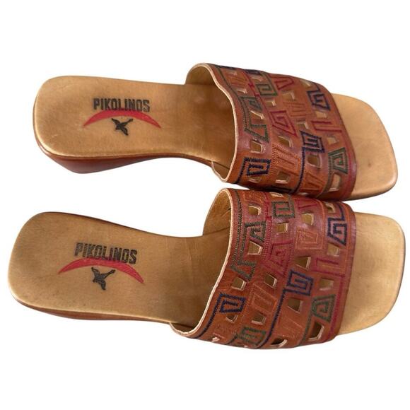 Pikolinos Leather Sandals Caramel Aztec Cutout Low Wedge Slides Size 7/38 - Picture 6 of 8